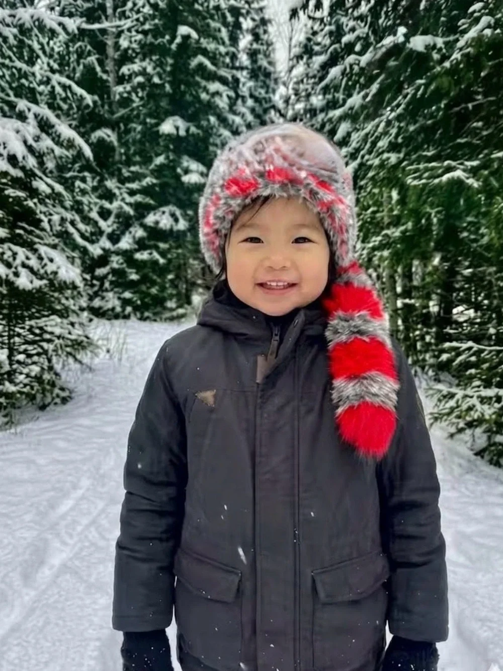 KIDS FAUX FUR RACCOON CAP with Red & Gray Tail